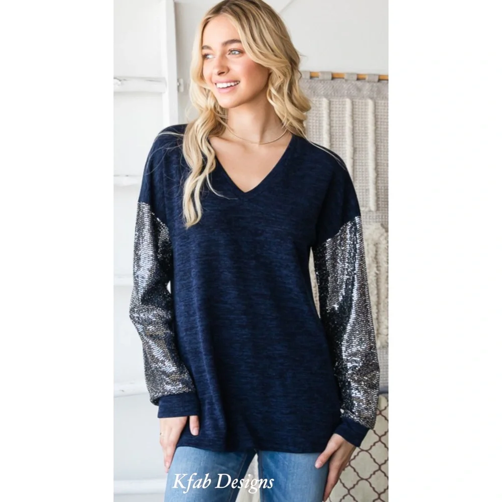 ❤️LAST! V Neck Midnight Blue Super Soft Sequin Sleeve Top! - Picture 15 of 16